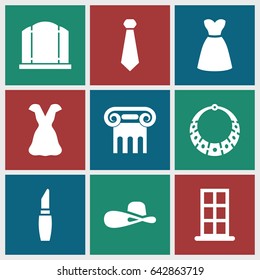 Elegance icons set. set of 9 elegance filled icons such as greek column, door, gate, lipstick, dress, woman hat, necklace