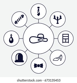 Elegance icons set. set of 9 elegance filled and outline icons such as hair curler, earring, wardrobe, bow tie, tie, candlestick, woman hat, woman shoe