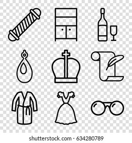 Elegance icons set. set of 9 elegance outline icons such as hair curler, earring, wardrobe, dress, feather and paper, wine glass and bottle, sunglasses