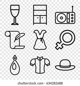 Elegance icons set. set of 9 elegance outline icons such as female, earring, wardrobe, blouse, dress, woman hat, feather and paper, radio