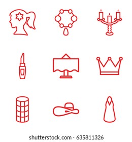 Elegance icons set. set of 9 elegance outline icons such as woman face with flower in hair, necklace, lipstick, hair curler, dress, woman hat, restaurant table, candlestick