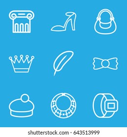 Elegance icons set. set of 9 elegance outline icons such as greek column, crown, heel sandals, bag, woman hat, bow tie, feather, necklace