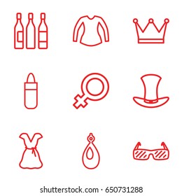 Elegance icons set. set of 9 elegance outline icons such as female, lipstick, earring, blouse, dress, wine glass, hat, sunglasses