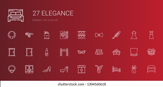 elegance icons set. Collection of elegance with bed, saxophone, entrances, high heels, doors, necklace, crown, pants, glasses, entrance. Editable and scalable elegance icons.