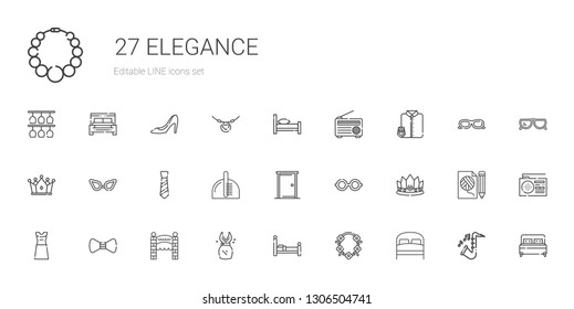 elegance icons set. Collection of elegance with bed, necklace, dress, entrance, bow tie, crown, glasses, door, comb, tie, suit and tie, radio. Editable and scalable elegance icons.