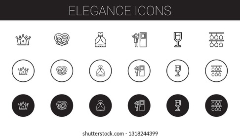 elegance icons set. Collection of elegance with crown, frame, wedding dress, door, wine glass, glasses. Editable and scalable elegance icons.