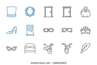 elegance icons set. Collection of elegance with leaf, saxophone, bed, glasses, crown, sunglasses, eyeglasses, door, high heels, purse, necklace. Editable and scalable elegance icons.