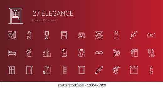 elegance icons set. Collection of elegance with saxophone, quill, door, comb, suit and tie, leaf, sunglasses, dress, tote bag, bed, glasses. Editable and scalable elegance icons.