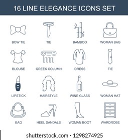 elegance icons. Trendy 16 elegance icons. Contain icons such as bow tie, tie, bamboo, woman bag, blouse, Greek column, dress, lipstick, hairstyle. elegance icon for web and mobile.