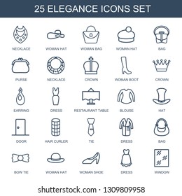 elegance icons. Trendy 25 elegance icons. Contain icons such as necklace, woman hat, woman bag, bag, purse, crown, woman boot, earring, dress. elegance icon for web and mobile.