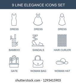 elegance icons. Trendy 9 elegance icons. Contain icons such as dress, bamboo, sandals, hair curler, gate, woman bag, woman hat. elegance icon for web and mobile.