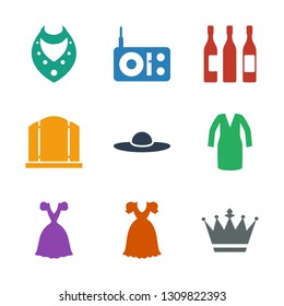 elegance icons. Trendy 9 elegance icons. Contain icons such as crown, dress, woman hat, gate, wine glass, radio, necklace. elegance icon for web and mobile.
