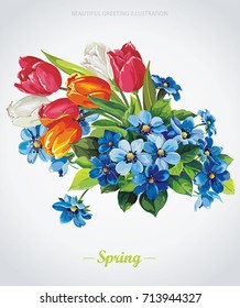 Elegance illustration with bouquet of spring blue flowers Anemones. Floral greeting card for congratulation