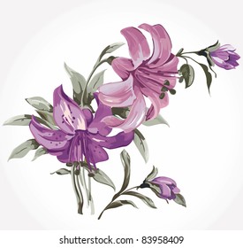 Elegance illustration with lily flowers bouquet isolated on white background. Color design elements.