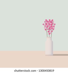 The elegance of the interior of small pink flowers in a vase, on a blue background, cool vector