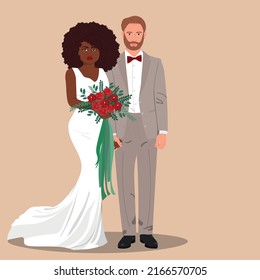 Elegance interracial wedding couple. Template for wedding invitation. Vector illustration. 