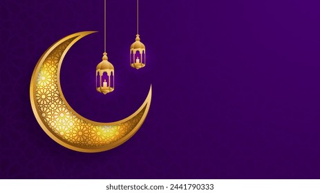 Elegancia de oro islámico Lentner y luna creciente tarjeta de celebración. Fondo púrpura, perfecto para Eid Mubarak y Ramadán Kareem con espacio de copia