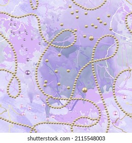 Elegance jewelry 3d seamless pattern. Watercolor light violet background with hand drawn doodle lines, scribbles. Beautiful ornaments with golden 3d necklace, gemstones, pearls, beads. Endless texture