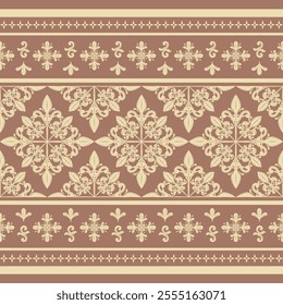 Elegance Light Beige Embroidery on Mocha Mousse Background Exquisitely Pattern. Luxury Rich Design Seamless Border Vector. Detailed Elaborate Taste of Rococo Victorian Baroque Style Haute Couture Vibe