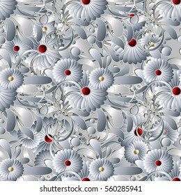 Elegance light floral seamless pattern background wallpaper illustration with white 3d flowers,curl leaves and vintage decorative hand drawn  ornaments.Vector abstract flowery fabric texture. 