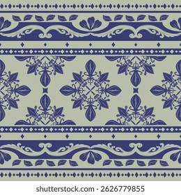 Elegance Luxury Baroque Industry Navy Blue Ornament On Grey Background. Beautiful Damask Traditional Botanical Florals Petals Leaves Like a Mythology Heavenly Pattern. Elaborate Border Wallpaper Scaft