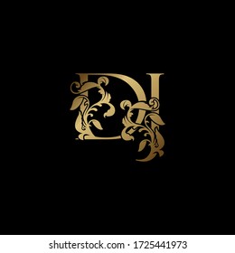 Elegance Luxury deco  letter D and J, DJ golden logo vector, alphabet font initial in art decorative style.