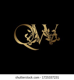 Elegance Luxury deco  letter Q and W, QW  golden logo vector, alphabet font initial in art decorative style.