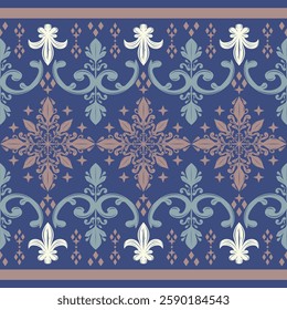 Elegance Luxury Traditional Motif Serve. Seamless Border Stripe Pattern on Deep Blue Background. Scroll Delight Ornament Geometric and Lily of Fleur de lis Design for Rich Decoration High Fashion Lace