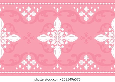 Elegance Medieval Scroll Ornament Victorian Silk Weaves Handicraft Jacquard Embroidery Seamless Border Pattern The Exquisitely Elaborate Rich White Lace On Sweet Pink Shade Background Brocade Decorate