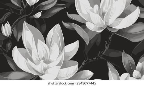 Elegance meets simplicity in Monochrome Magnolias: black and white blooms on neutral surface. Perfect for timeless designs, prints, textiles, decor. Editable-Customizable.