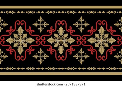 Elegance Motif Intricate Pattern with Red and Gold on Black Background Fleur de lis Ethnic Florals Scroll Element Detailed Luxury Border Oriental Design of Honor and Wealth Decoration Silk Apparel Men