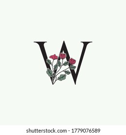 Elegancia Naturaleza Flor Letra inicial Icono del logotipo W en el diseño de la plantilla de clipart de hoja floral de orina vectorial.