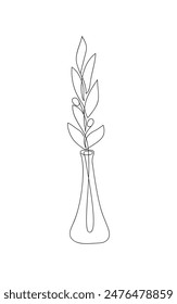 Elegance olive branch in vase drawn by one line art. Hand drawn  botanical art. Design for kitchen and living room decor. Minimalist vector illustration.