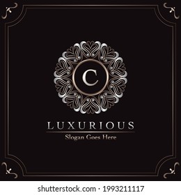 Elegance Ornate Luxury Mandala Badge Letter C Logo Design Decorative Frame Template. 