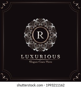 Elegance Ornate Luxury Mandala Badge Letter R Logo Design Decorative Frame Template.