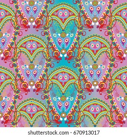 Elegance paisley seamless pattern. Light pink blue floral background with colorful oriental paisley flowers and ethic beautiful ornaments. Vector ornamental texture for fabrics, wallpapers, textile