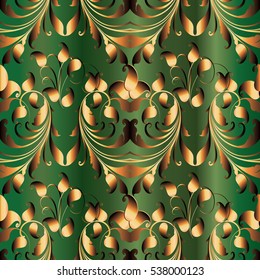 Elegance paisleys seamless pattern.Green background wallpaper illustration with gold vintage decorative 3d paisley flowers,leaves and ornaments.Vector endless rich fabric texture.