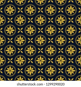 Elegance pattern. Art-Deco seamless vector illustration. Golden flower in circle frame on a dark blue background.