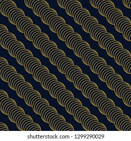 Elegance pattern. Art-Deco seamless vector illustration. 3D geometric illusion. Striped golden circle on a dark blue background.