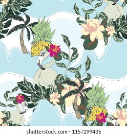 Elegance pattern with flowers and flamingo.