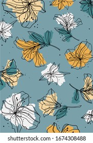 Diseño elegante con flores y hojas. Ilustración vectorial floral. Color verde, amarillo y naranja pintado a mano.