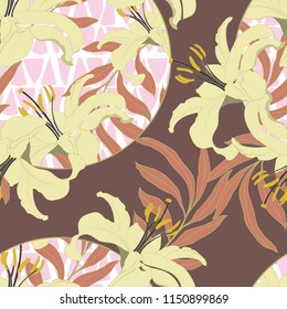 Elegance pattern with flowers and leaf.Floral vector illustration on the geometric background. 
