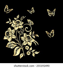 Elegance  pattern with flowers narcissus on black background, vector illustration