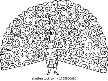 Elegance peacock with grand detailed open tail. Stylized decorative wild bird coloring page for kids and adults. Cartoon peafowl stock vector illustration. Antistress outline bird. One of a series. 
