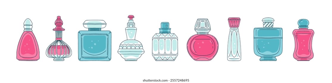 Elegance perfume pink and blue glass bottle with cap. Beautiful cologne flask packages. Vector flat set of essence fragrant cosmetics. Perfumery product in glamour vials isolated