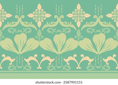 Elegance Petals Scroll Geometric Combine with Fleur de lis Design Pattern for Luxury Rich Expensive Vibe. Royal Silk Weaves Embroidery Buds Florals Garden Decoration Interior Fabrics Border Stripe Rim