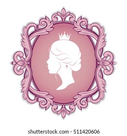 Elegance pink cameo with profile silhouette of a princess in a frame. Isolated on white background. Vector illustrations.