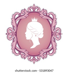 Elegance Pink Cameo With Profile Silhouette Of A Princess In A Frame. Isolated On White Background. Vector Illustrations.