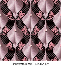 Elegance pink floral 3d vector seamless pattern. Ornamental textured lace background. Surface abstract line art flowers, leaves. Jewelry ornate design with pearls. Repeat beautiful decorative backdrop