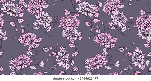 Elegance pink floral stems seamless pattern on a grey background. Vector hand drawn. Artistic, abstract flowers and tiny leaves, buds bells printing. Template for designs, fabric, fashion, textile